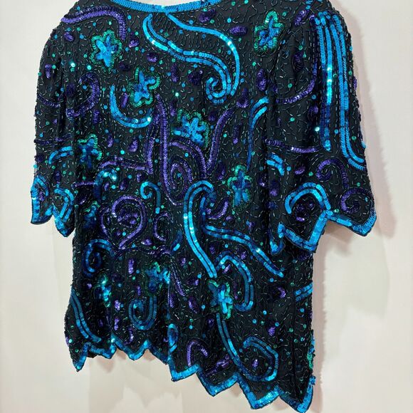 VTG Lawrence Kazar Sequin Top 3X Silk Blue Green Peacock Beads 80s Disco Evening - Picture 10 of 16